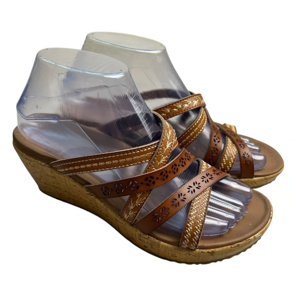 Skechers Beverlee Tiger Leather Strappy Size 6 Brown Cork Wedge Sandals - Picture 2 of 15